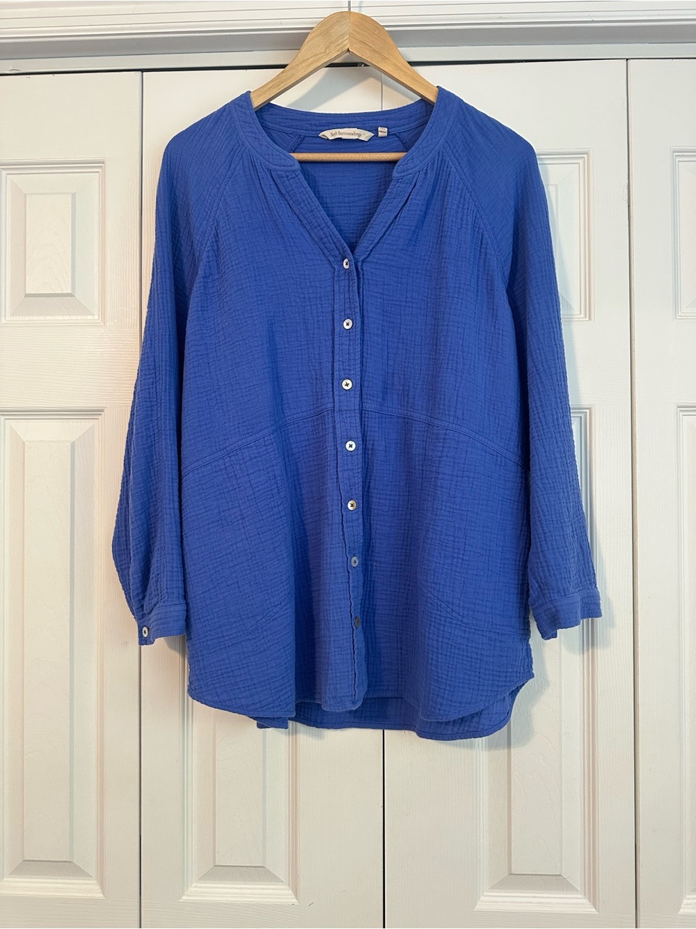 100% Cotton Soft Surroundings Textured Button-Front Top in Royal Blue, Large